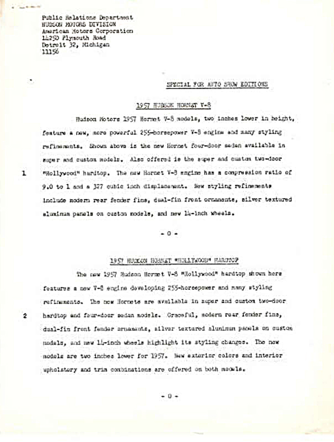 1957 Hudson Hornet press release